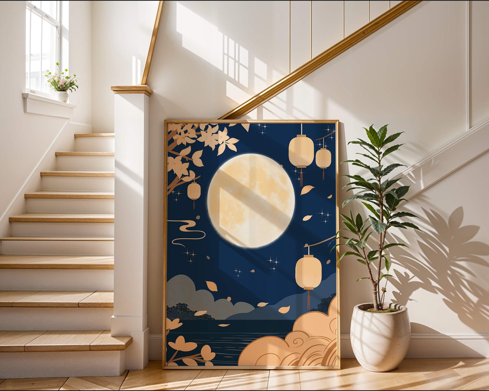 Full Moon Night with Lanterns and Falling Leaves in Tranquil Landscape