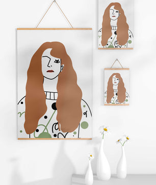 Minimalist Portrait of a Woman with Long Hair and Abstract Design Elements - Mi tienda
