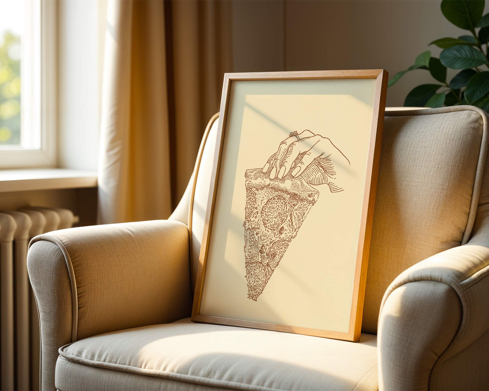 Hand holding a detailed vintage pizza slice illustration