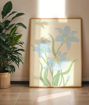 Ilustración elegante de flores azul claro con tallos verdes