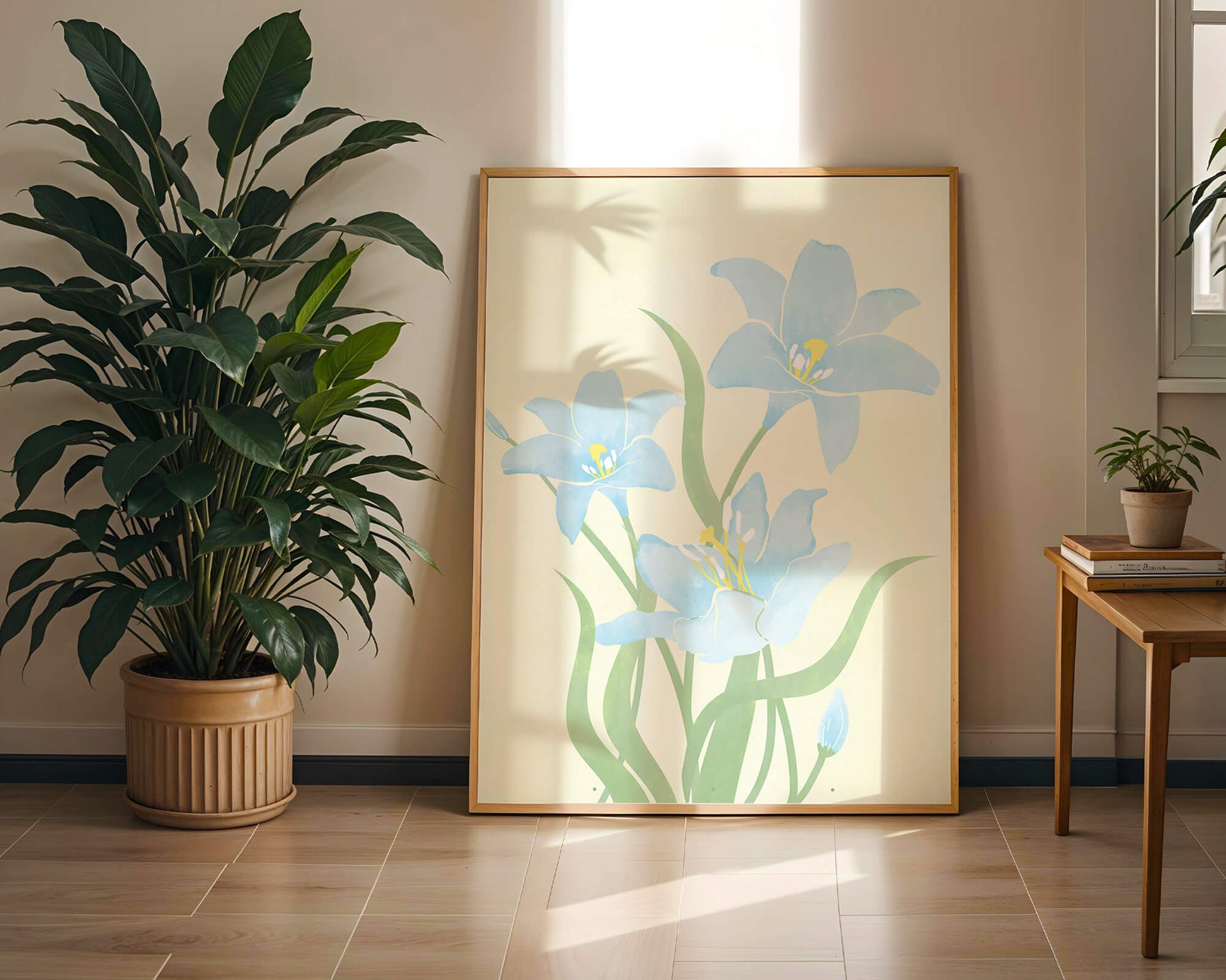 Ilustración elegante de flores azul claro con tallos verdes