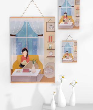 Cozy living room with a girl and a dog on a yellow sofa