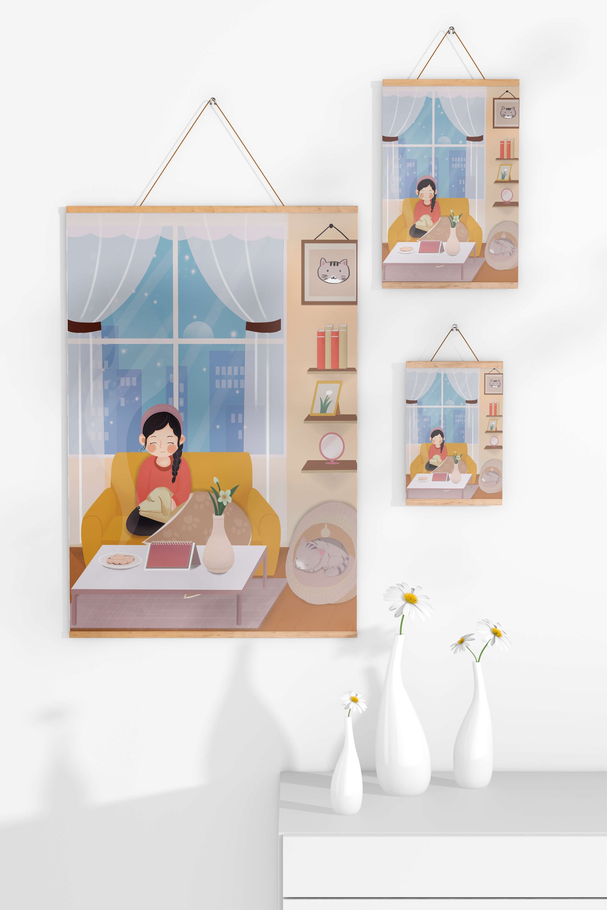 Cozy living room with a girl and a dog on a yellow sofa