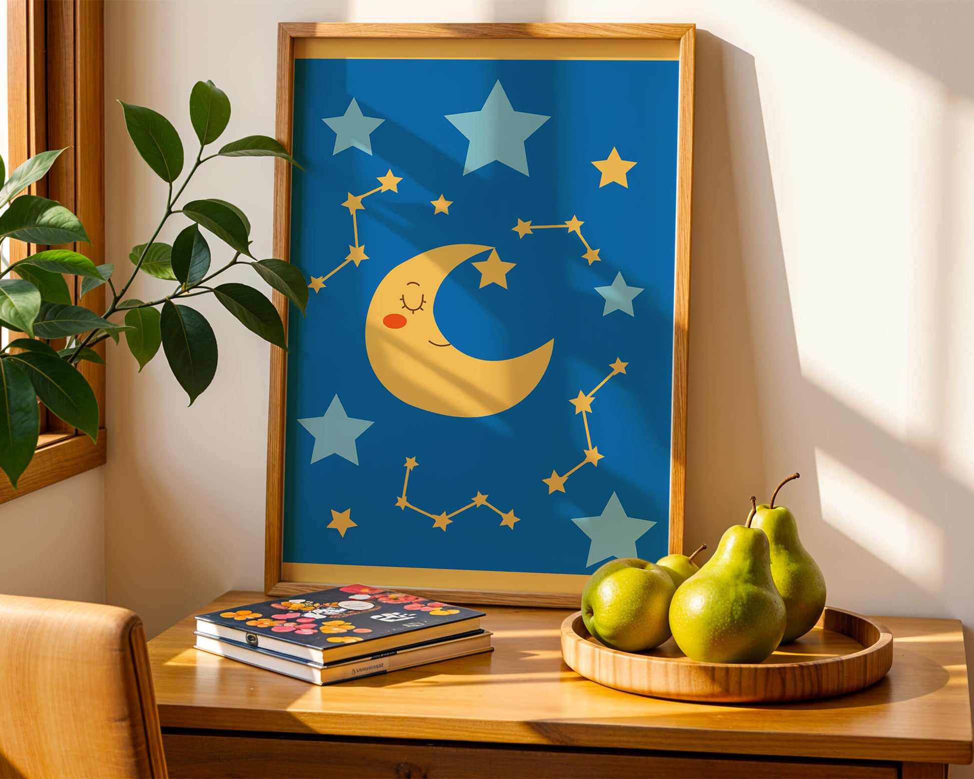 Whimsical children's room decor with smiling moon and stars
