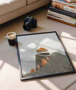 Serene mountain landscape with traditional Asian architecture