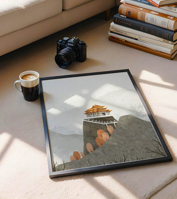 Serene mountain landscape with traditional Asian architecture