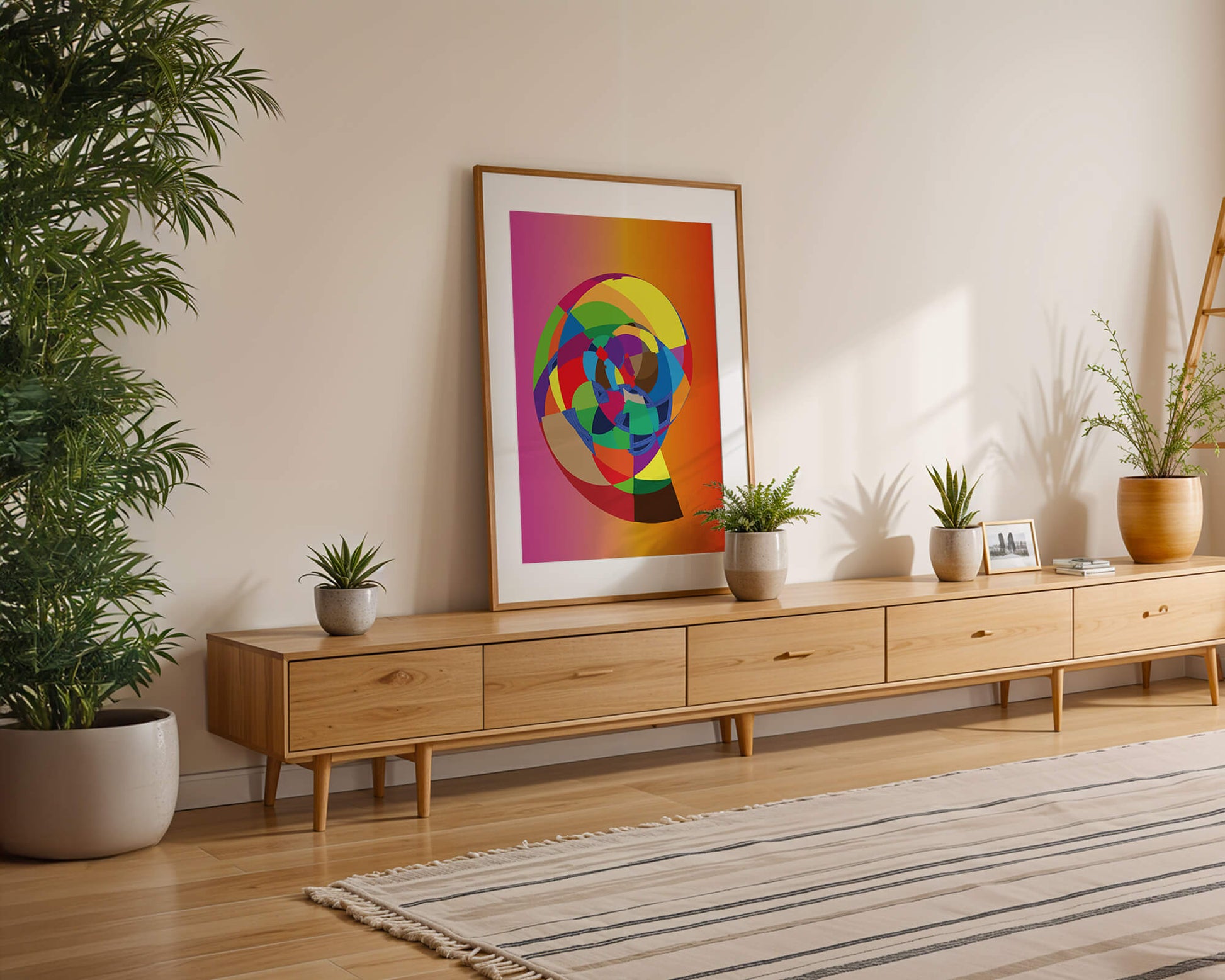 Vibrant abstract geometric shape with multicolored spiral on gradient background