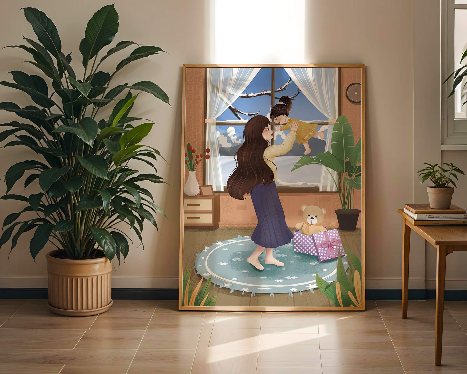 Mother and child bonding in a vibrant living room