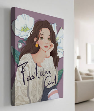 Illustrated fashion girl with floral background and purple theme