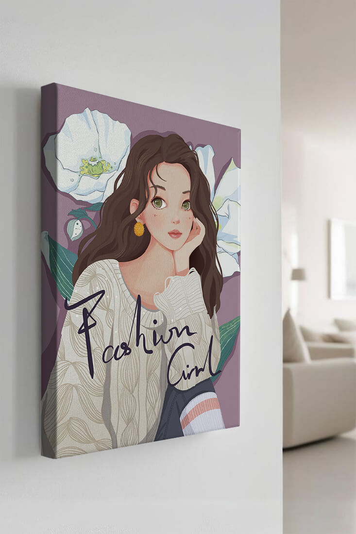 Illustrated fashion girl with floral background and purple theme
