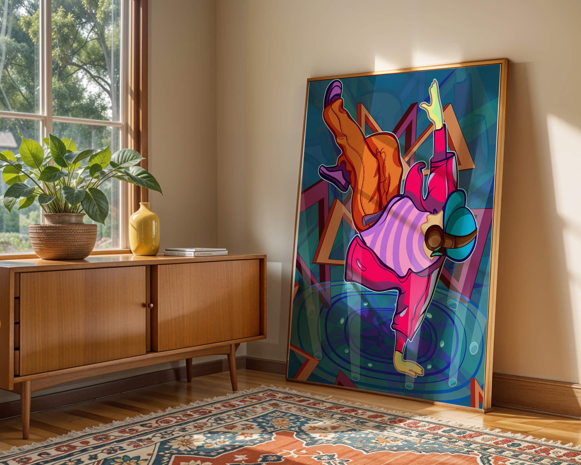 Colorful breakdancer in dynamic urban artwork