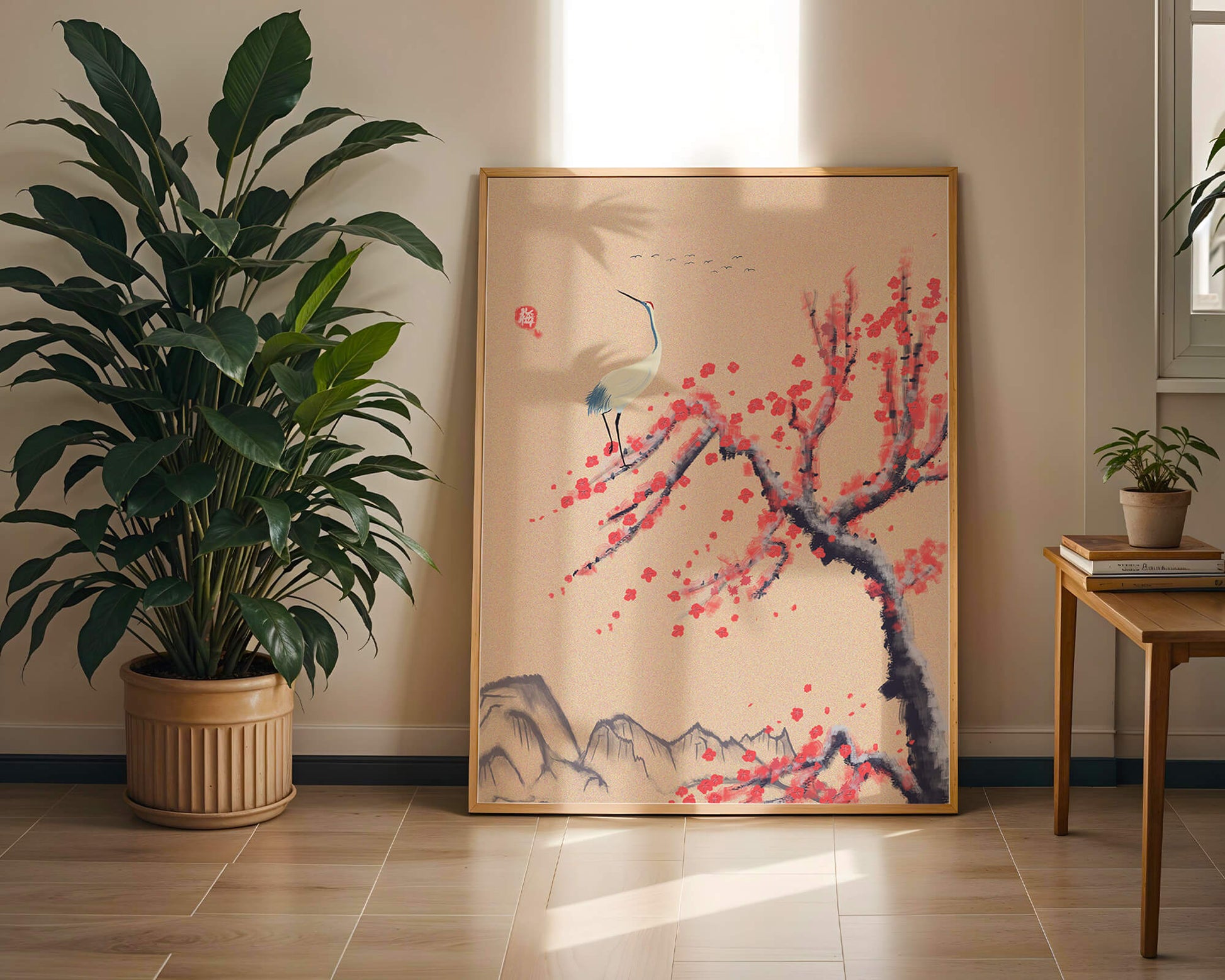 Elegant crane on cherry blossom tree with mountainous background