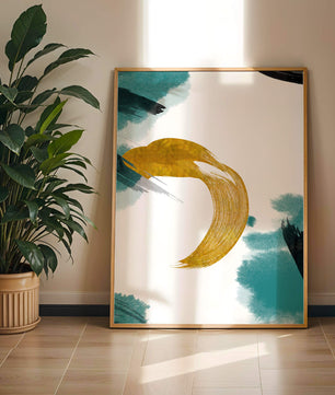 Abstract Gold and Teal Brush Strokes on White Background