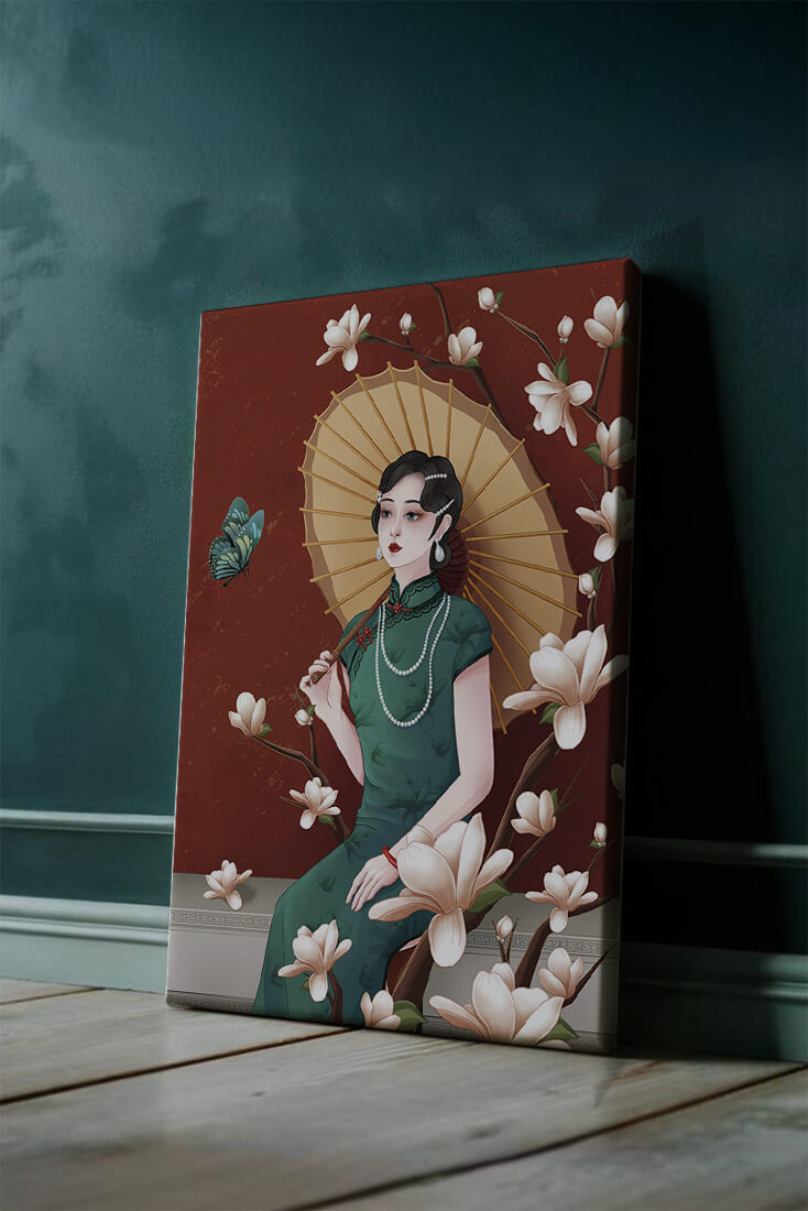Mujer elegante con parasol y flores de magnolia sobre fondo rojo