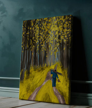 Man Walking Through a Sunny Forest with Golden Leaves