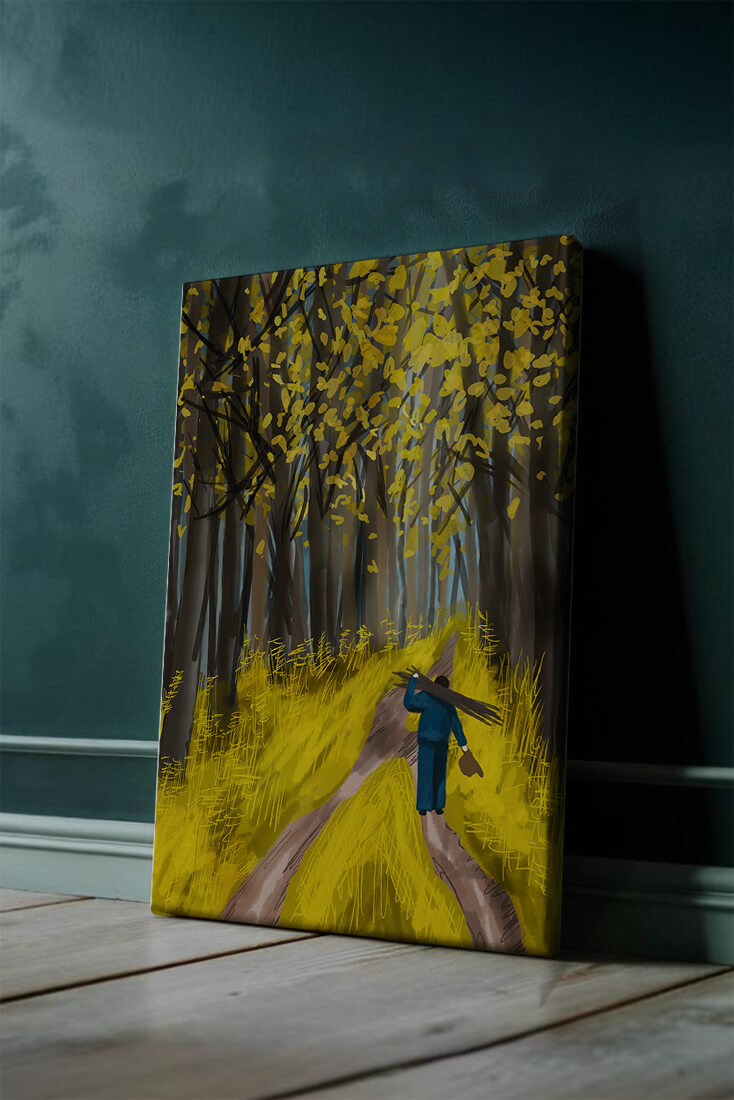Man Walking Through a Sunny Forest with Golden Leaves