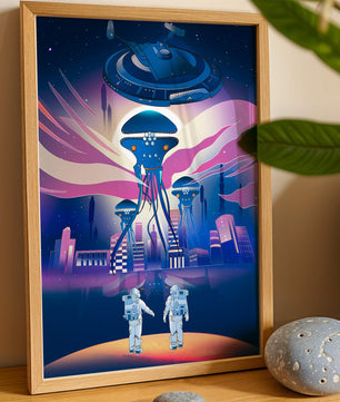 Futuristic Space City With Alien Creatures and Astronauts