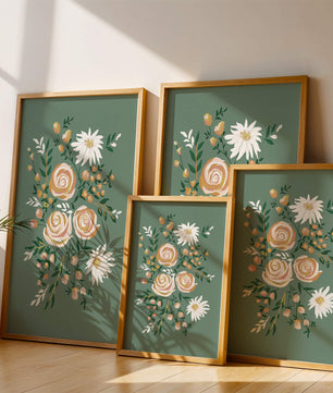 Floral illustration with roses and daisies on green background