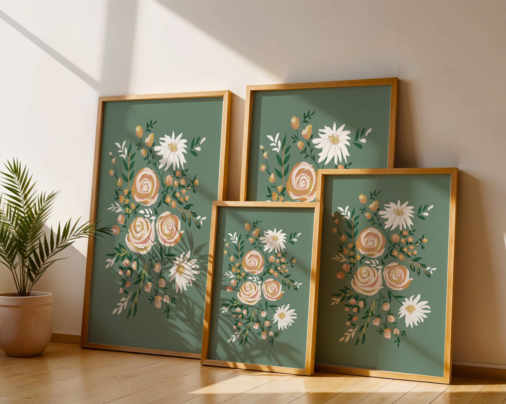 Floral illustration with roses and daisies on green background