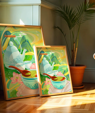 Tea ceremony with teapot and tea bowls amidst nature scenery