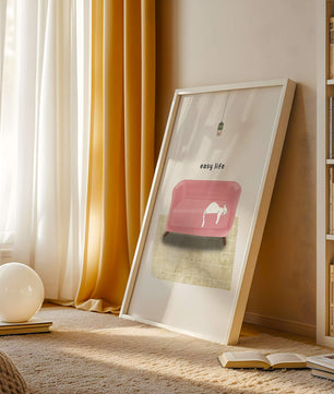 Minimalist Interior with Pink Sofa and Relaxed White Cat