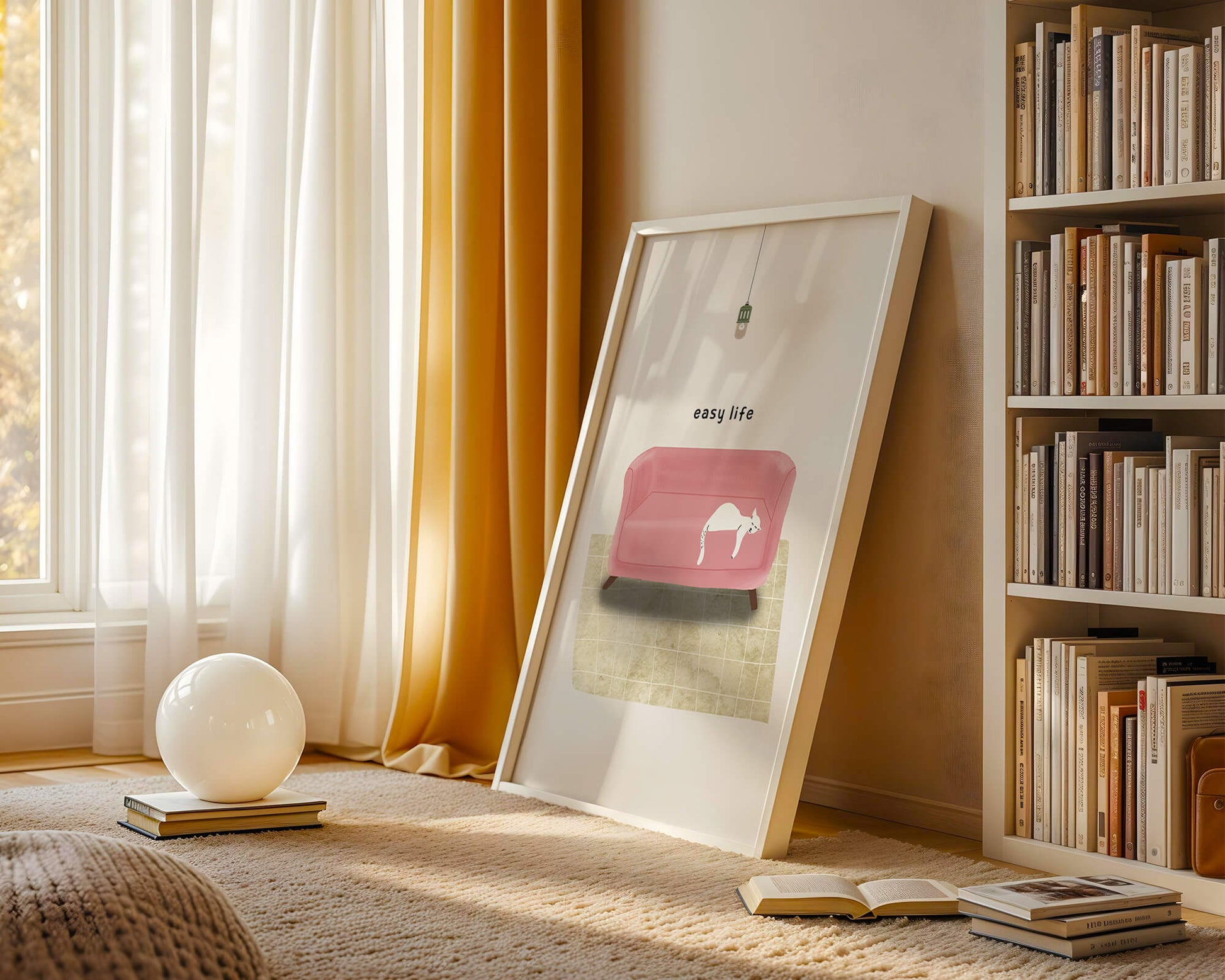 Interior minimalista con sofá rosa y gato blanco relajado