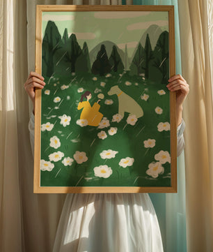 Woman and Dog in a Serene Rainy Meadow with Flowers