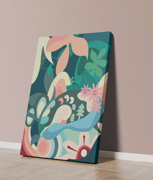 Abstract botanical artwork with vibrant colors and natural elements