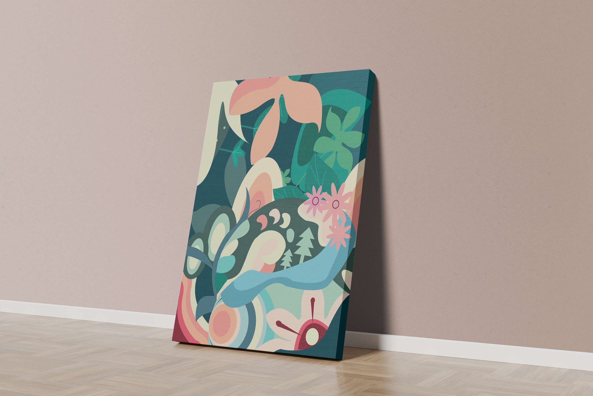 Abstract botanical artwork with vibrant colors and natural elements