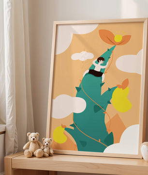 Man Climbing Giant Beanstalk Reaching to Sun in Minimalist Style - Mi tienda