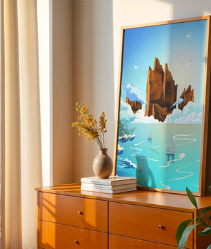 Majestic Sea Cliffs and Sailboats in Serene Landscape
