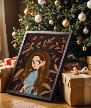 Ilustración elegante de una chica rodeada de follaje abstracto