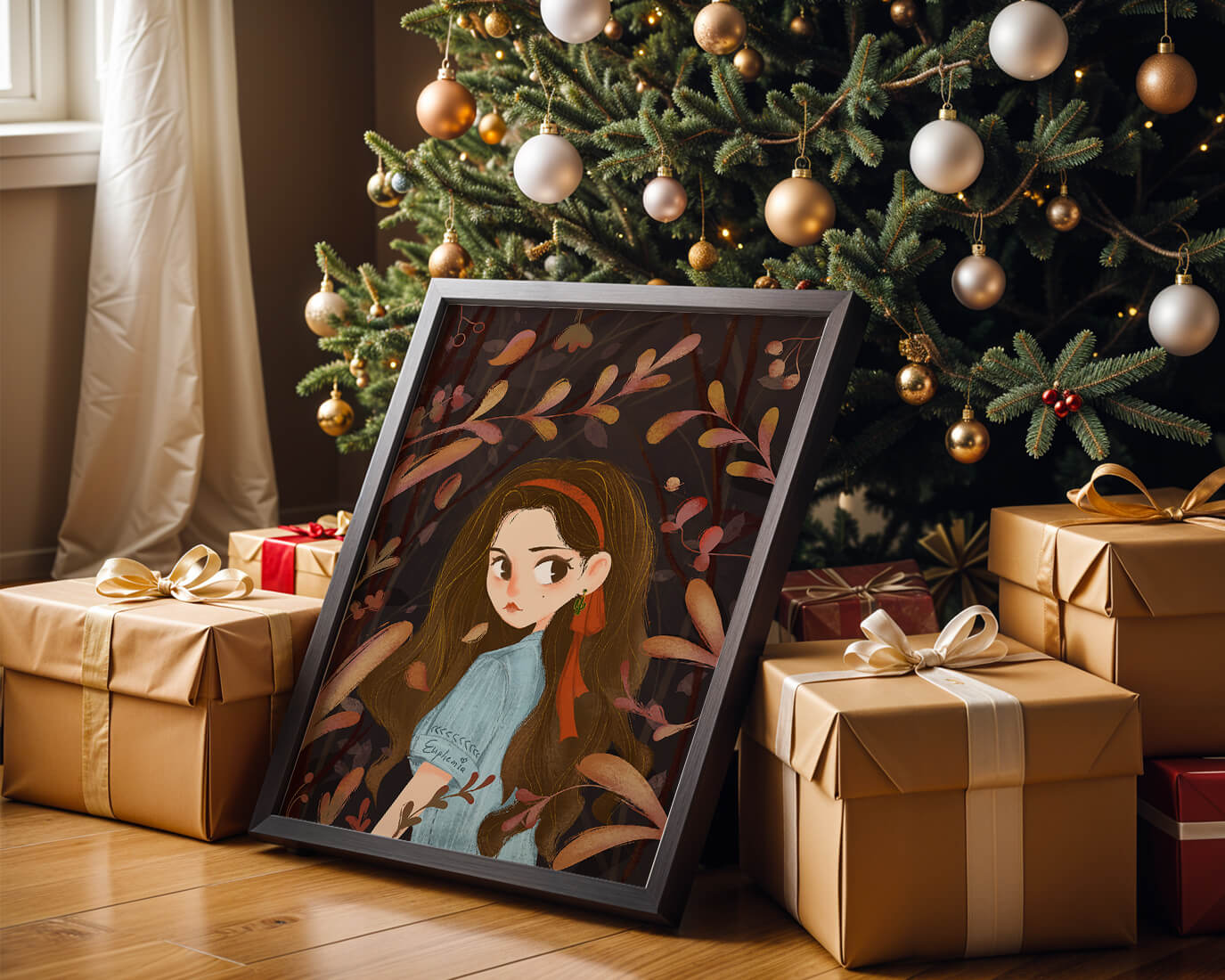 Elegante ilustración de una niña rodeada de follaje abstracto.