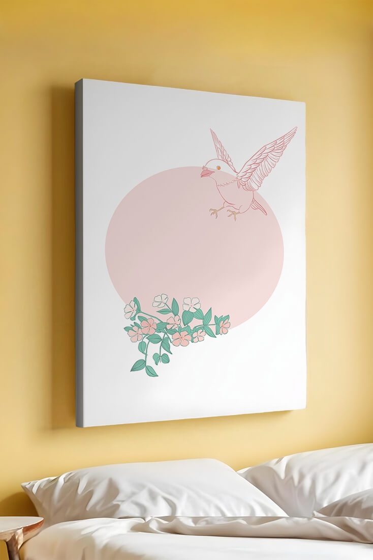 Pájaro pastel con elementos florales en estilo minimalista