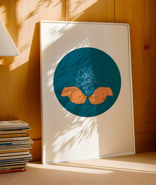Illustration of Hands Holding a Plant with Teal Background