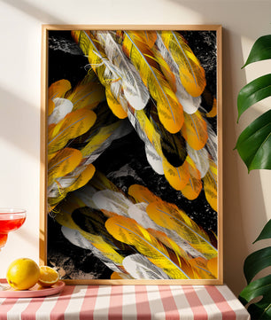 Abstract Composition with Yellow and White Feathers on a Black Background - Mi tienda