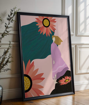 Stylized illustration of woman with vibrant floral elements