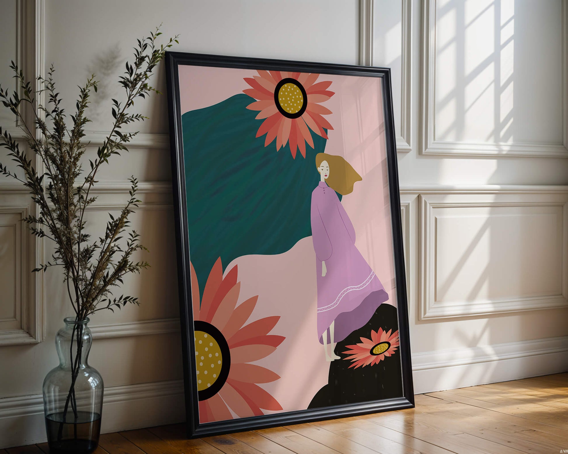 Stylized illustration of woman with vibrant floral elements
