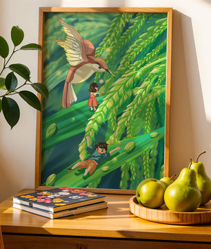 Aventure dans une jungle verdoyante avec des enfants et un oiseau