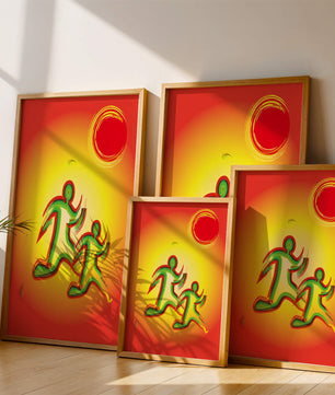 Abstract colorful figures under a vibrant sun with warm tones