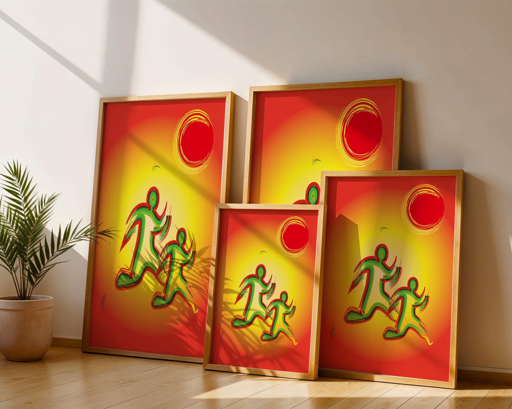 Abstract colorful figures under a vibrant sun with warm tones
