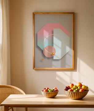 An abstract geometric art piece with pastel tones and golden accents