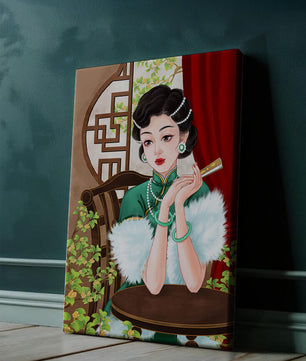 Elegant Woman in Traditional Asian Attire with Floral Background