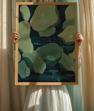 Green lily pads on a dark water background illustration