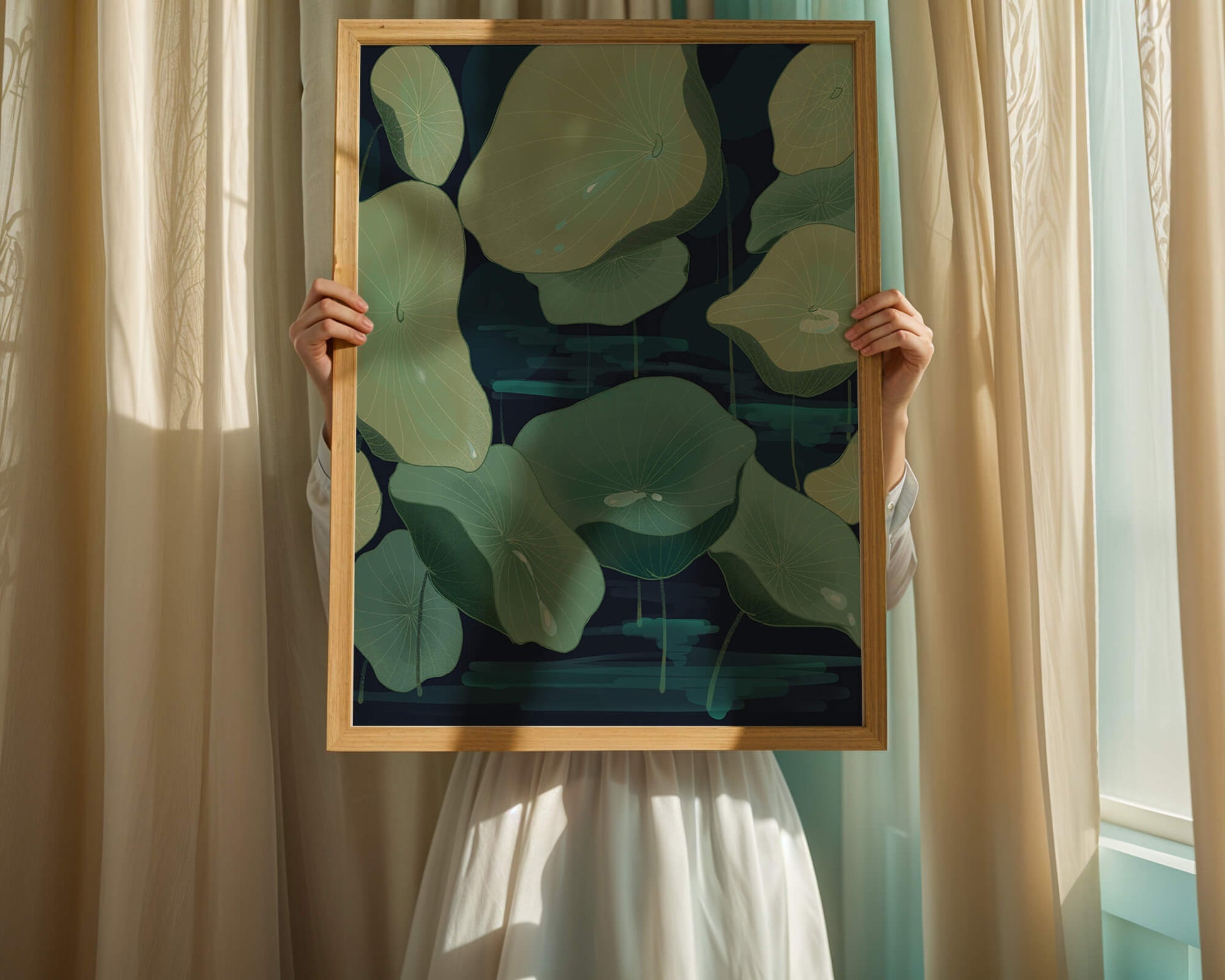 Green lily pads on a dark water background illustration