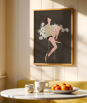 Illustration of a woman sitting on a stool surrounded by flowers