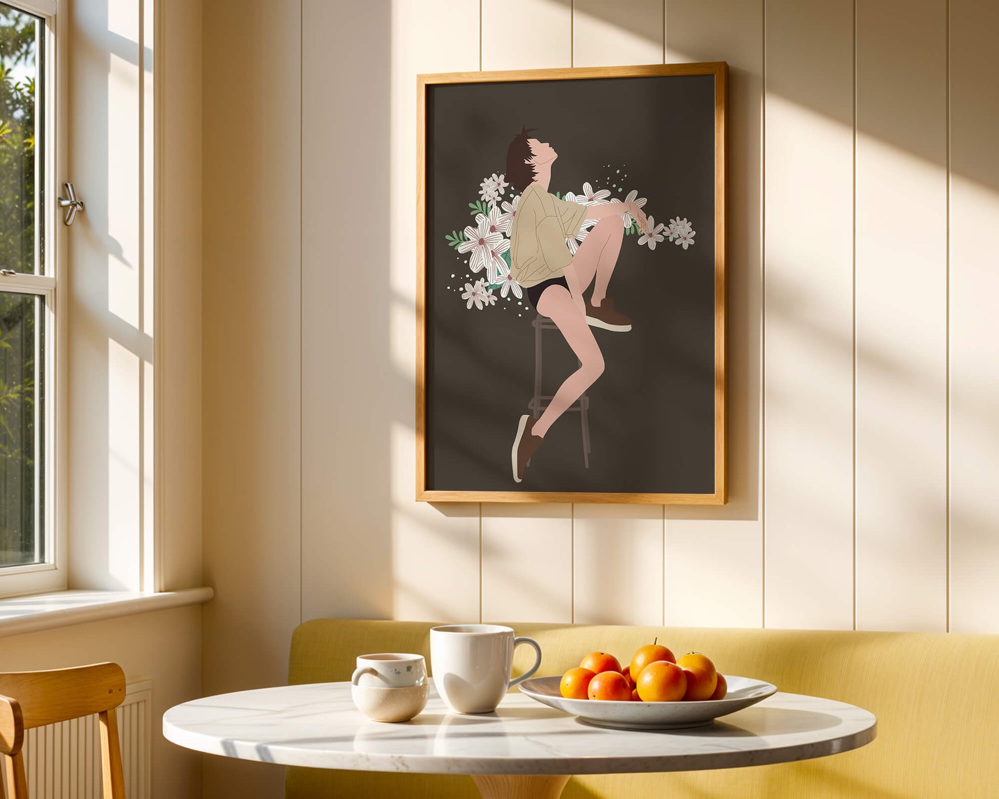 Illustration of a woman sitting on a stool surrounded by flowers