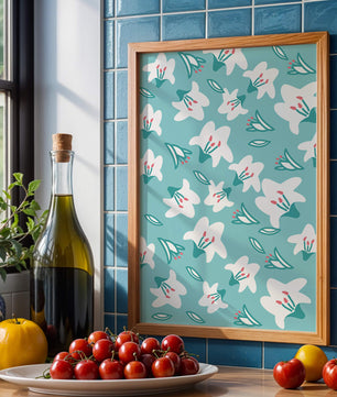 Motif floral avec des lys blancs sur un fond turquoise