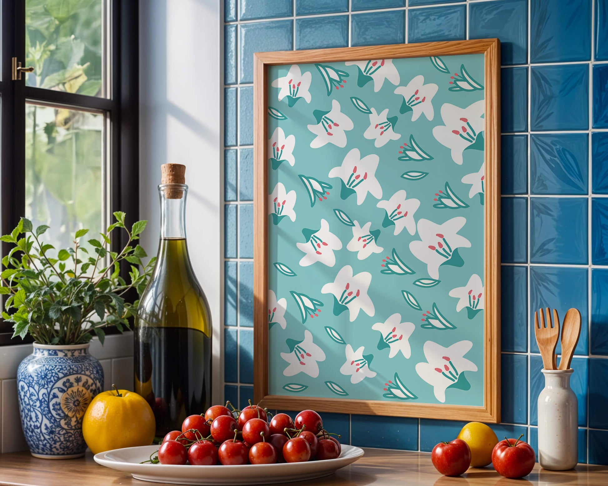 Floral pattern with white lilies on a turquoise background