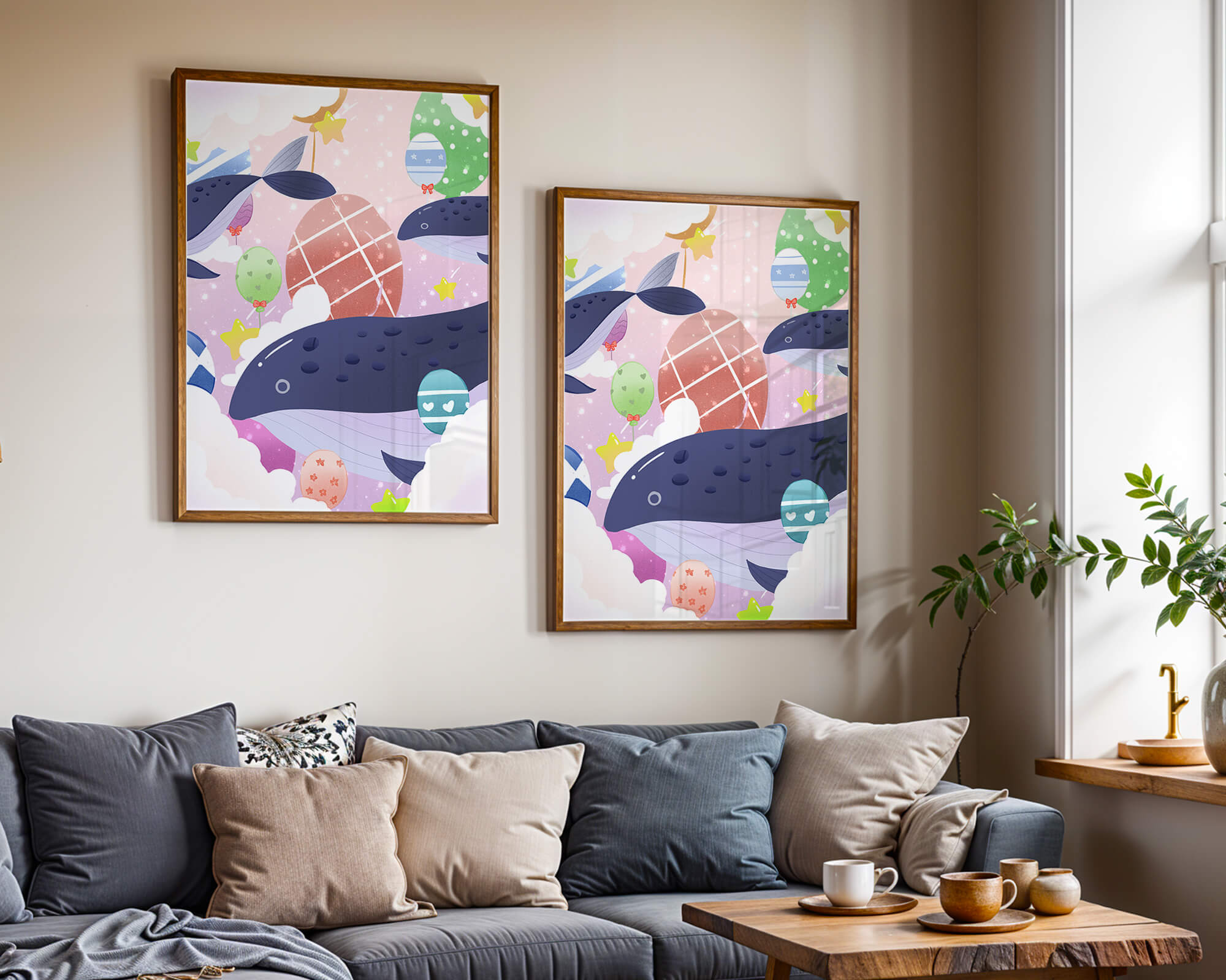 Whimsical illustration of whales and floating stars with colorful eggs